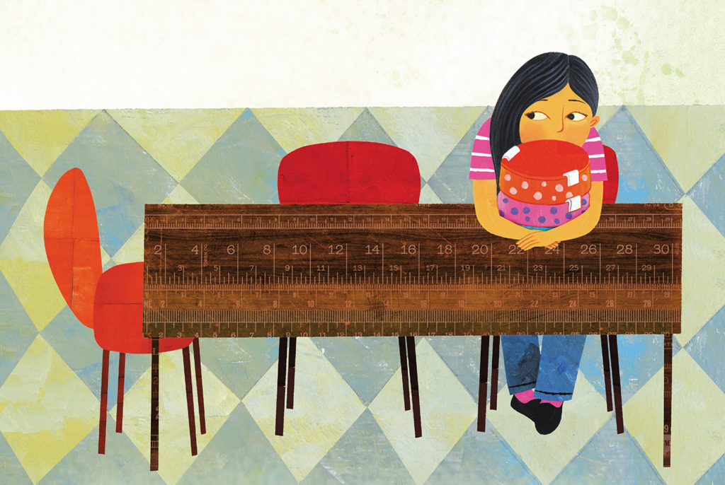 Ilustração de O dia em que você começa, de Jacqueline Woodson e Rafael López. Na cena, uma menina é vista segurando sua lancheira vermelha.